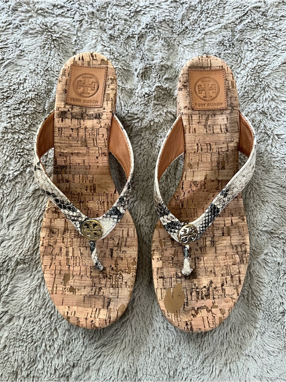 Tory Burch Suzy Cork Leather Thong Sandals with Snake-Print Straps and Gold Logo